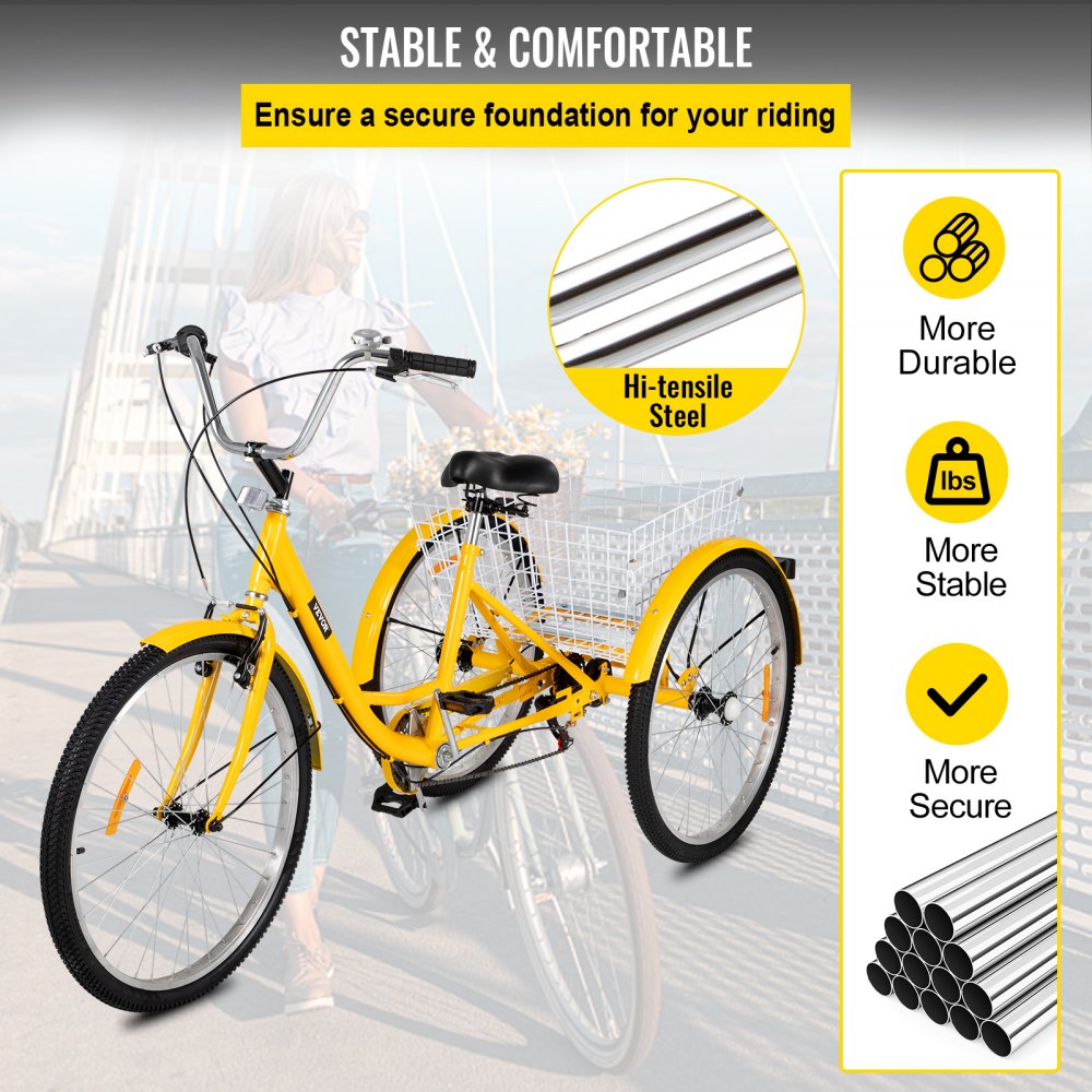 AMITOOLS Adult Tricycle 7 Speed Cruise Bike 20 inch Adjustable Trike with Bell Brake System Cruiser Bicycles Large Size Basket for Exercise (Yellow 20 7Speed)