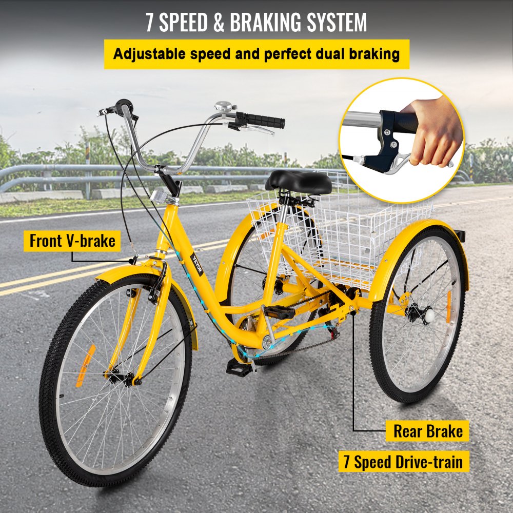 AMITOOLS Adult Tricycle 7 Speed Cruise Bike 20 inch Adjustable Trike with Bell Brake System Cruiser Bicycles Large Size Basket for Exercise (Yellow 20 7Speed)