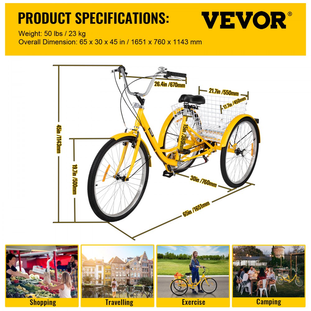 AMITOOLS Adult Tricycle 7 Speed Cruise Bike 20 inch Adjustable Trike with Bell Brake System Cruiser Bicycles Large Size Basket for Exercise (Yellow 20 7Speed)