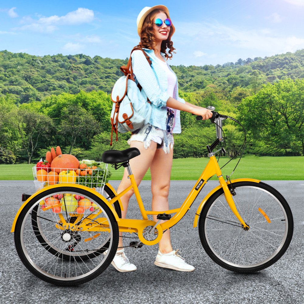 AMITOOLS Adult Tricycle 7 Speed Cruise Bike 20 inch Adjustable Trike with Bell Brake System Cruiser Bicycles Large Size Basket for Exercise (Yellow 20 7Speed)