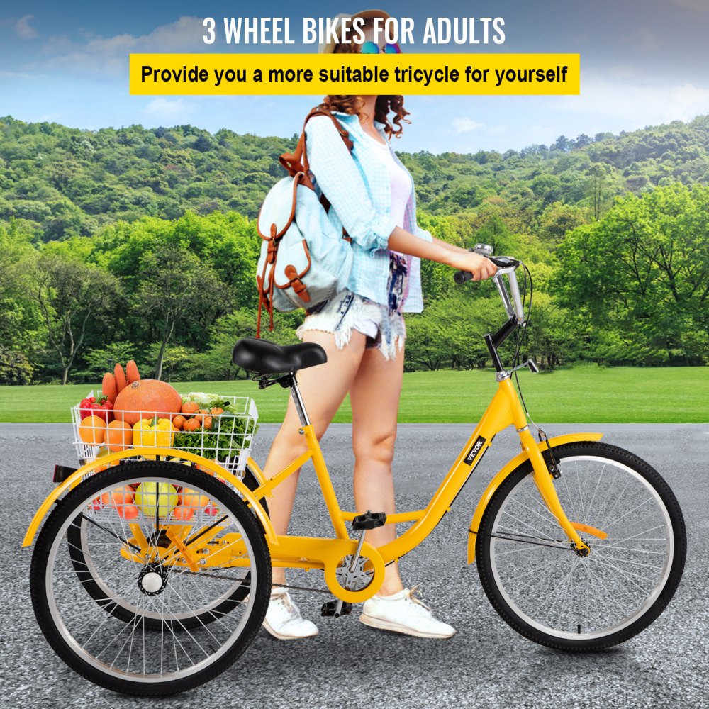 AMITOOLS Yellow Adult Tricycle 24'' 1-Speed 3 Wheel Bikes, Foldable Adult Tricycle 3 Wheel Bike Trike for Adults, Cruise Bike 24 Inch Seat Adjustable Trike with Bell, Brake System and Basket for Shopping