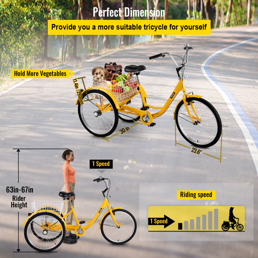 AMITOOLS Yellow Adult Tricycle 24'' 1-Speed 3 Wheel Bikes, Foldable Adult Tricycle 3 Wheel Bike Trike for Adults, Cruise Bike 24 Inch Seat Adjustable Trike with Bell, Brake System and Basket for Shopping