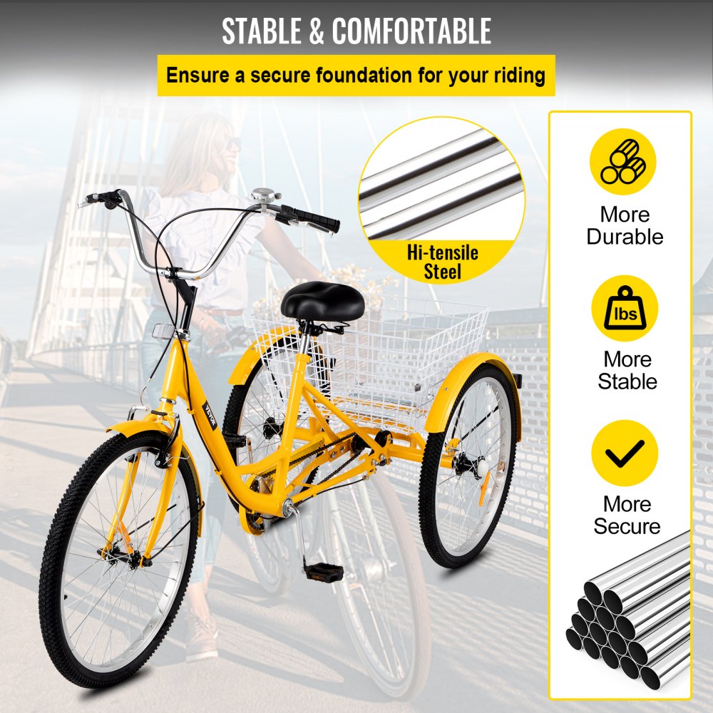 AMITOOLS Yellow Adult Tricycle 24'' 1-Speed 3 Wheel Bikes, Foldable Adult Tricycle 3 Wheel Bike Trike for Adults, Cruise Bike 24 Inch Seat Adjustable Trike with Bell, Brake System and Basket for Shopping