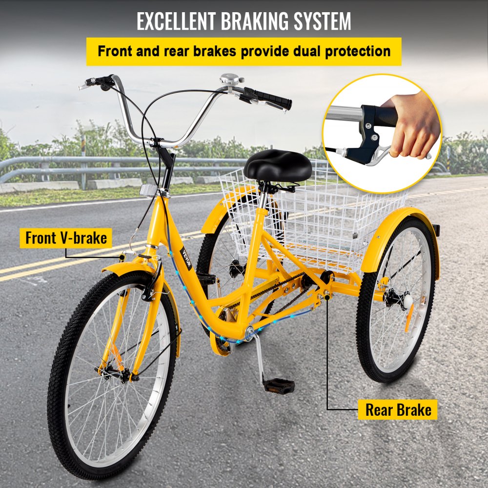 AMITOOLS Yellow Adult Tricycle 24'' 1-Speed 3 Wheel Bikes, Foldable Adult Tricycle 3 Wheel Bike Trike for Adults, Cruise Bike 24 Inch Seat Adjustable Trike with Bell, Brake System and Basket for Shopping