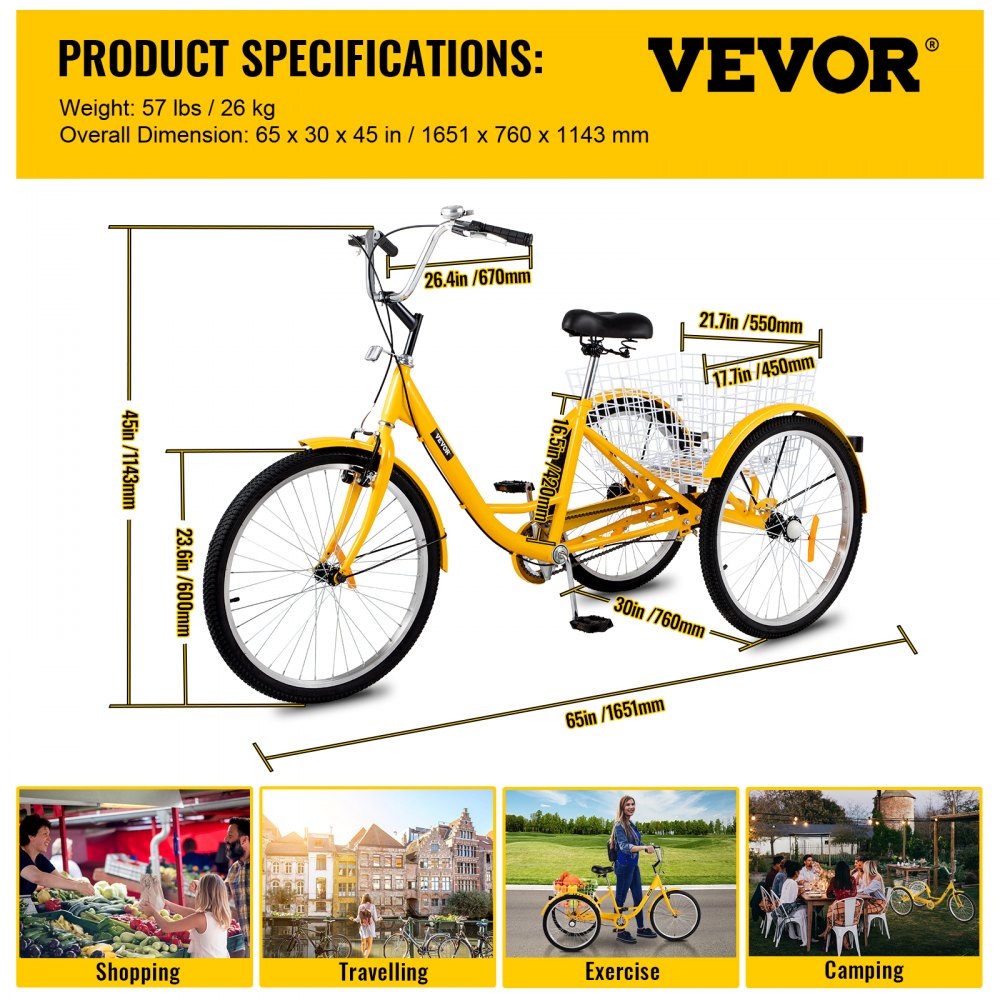 AMITOOLS Yellow Adult Tricycle 24'' 1-Speed 3 Wheel Bikes, Foldable Adult Tricycle 3 Wheel Bike Trike for Adults, Cruise Bike 24 Inch Seat Adjustable Trike with Bell, Brake System and Basket for Shopping