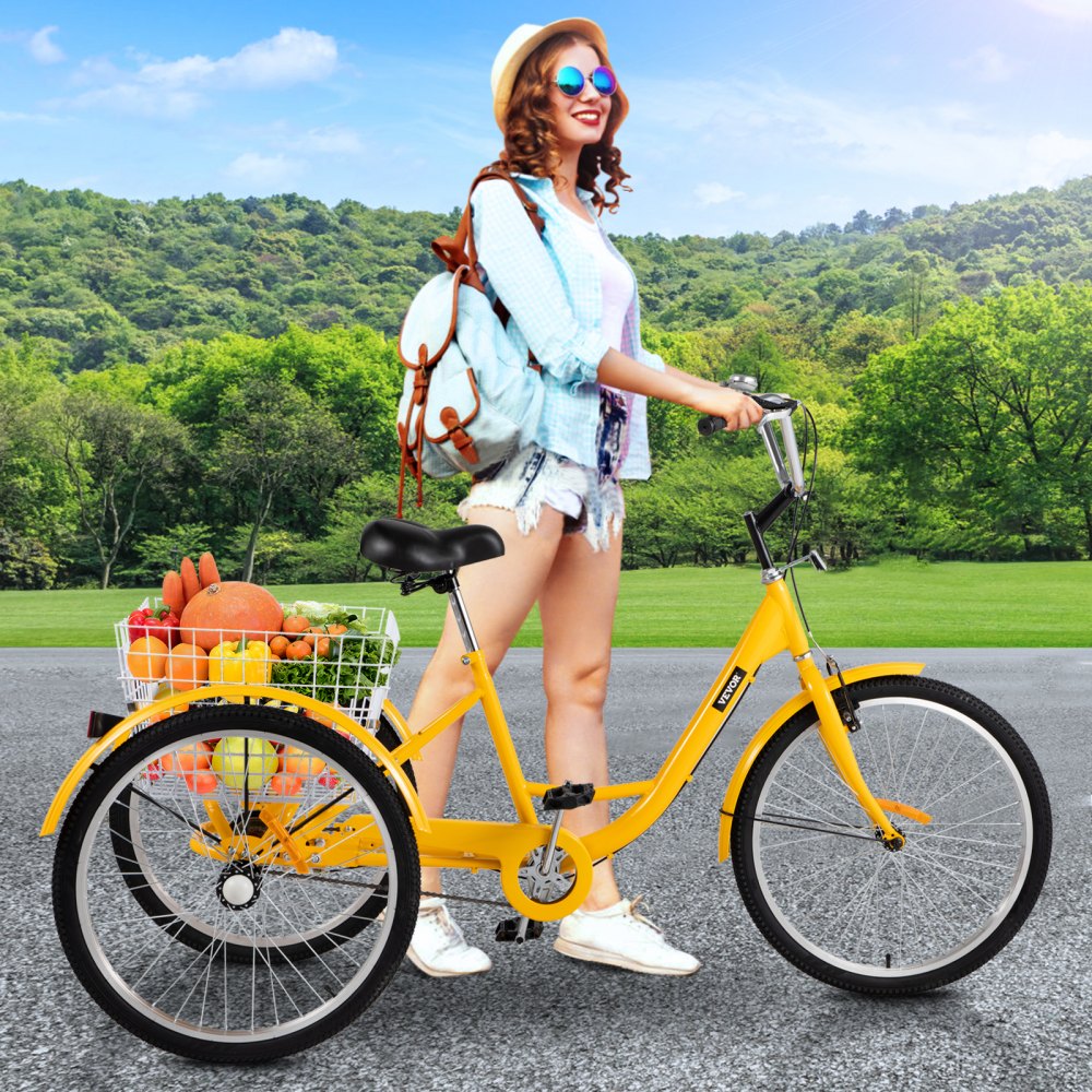 AMITOOLS Yellow Adult Tricycle 24'' 1-Speed 3 Wheel Bikes, Foldable Adult Tricycle 3 Wheel Bike Trike for Adults, Cruise Bike 24 Inch Seat Adjustable Trike with Bell, Brake System and Basket for Shopping