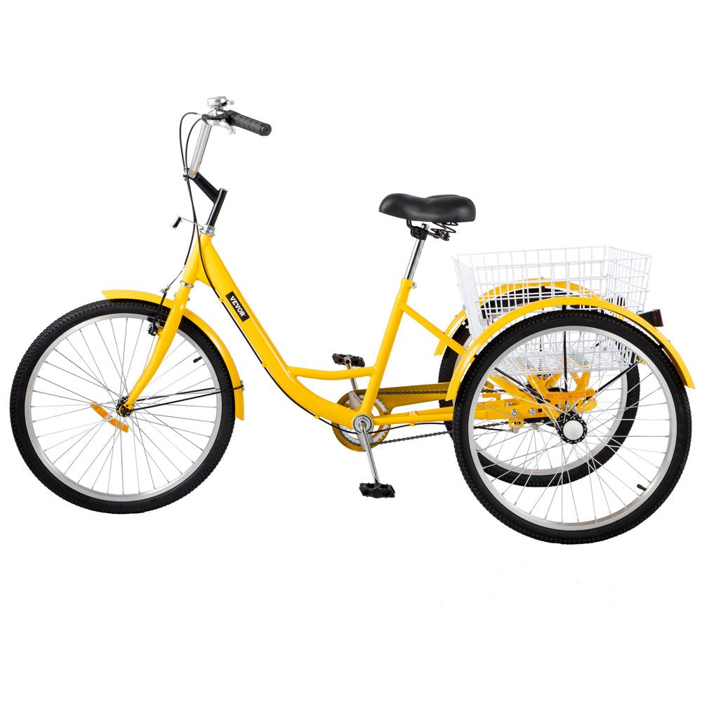 AMITOOLS Yellow Adult Tricycle 24'' 1-Speed 3 Wheel Bikes, Foldable Adult Tricycle 3 Wheel Bike Trike for Adults, Cruise Bike 24 Inch Seat Adjustable Trike with Bell, Brake System and Basket for Shopping