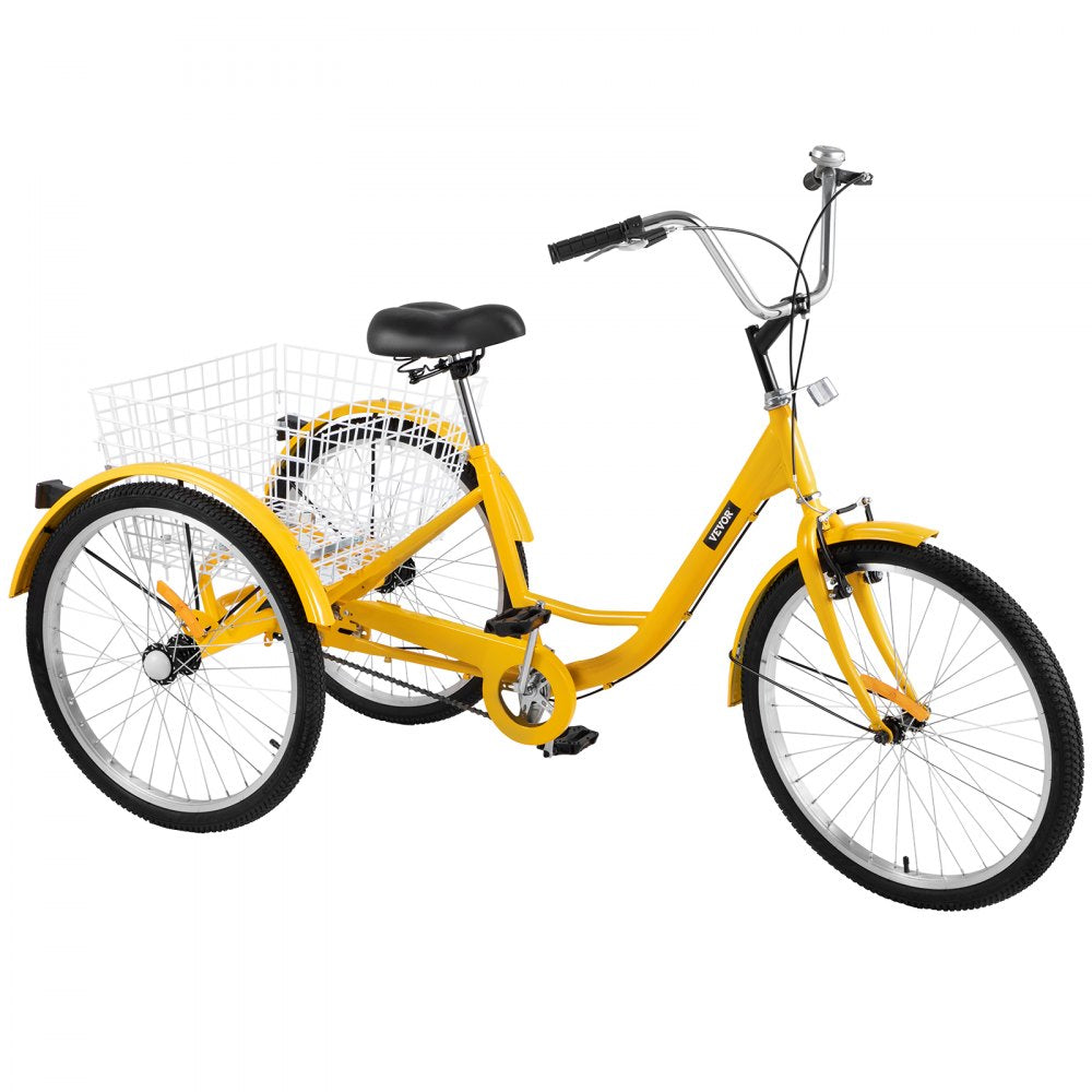 AMITOOLS Yellow Adult Tricycle 24'' 1-Speed 3 Wheel Bikes, Foldable Adult Tricycle 3 Wheel Bike Trike for Adults, Cruise Bike 24 Inch Seat Adjustable Trike with Bell, Brake System and Basket for Shopping