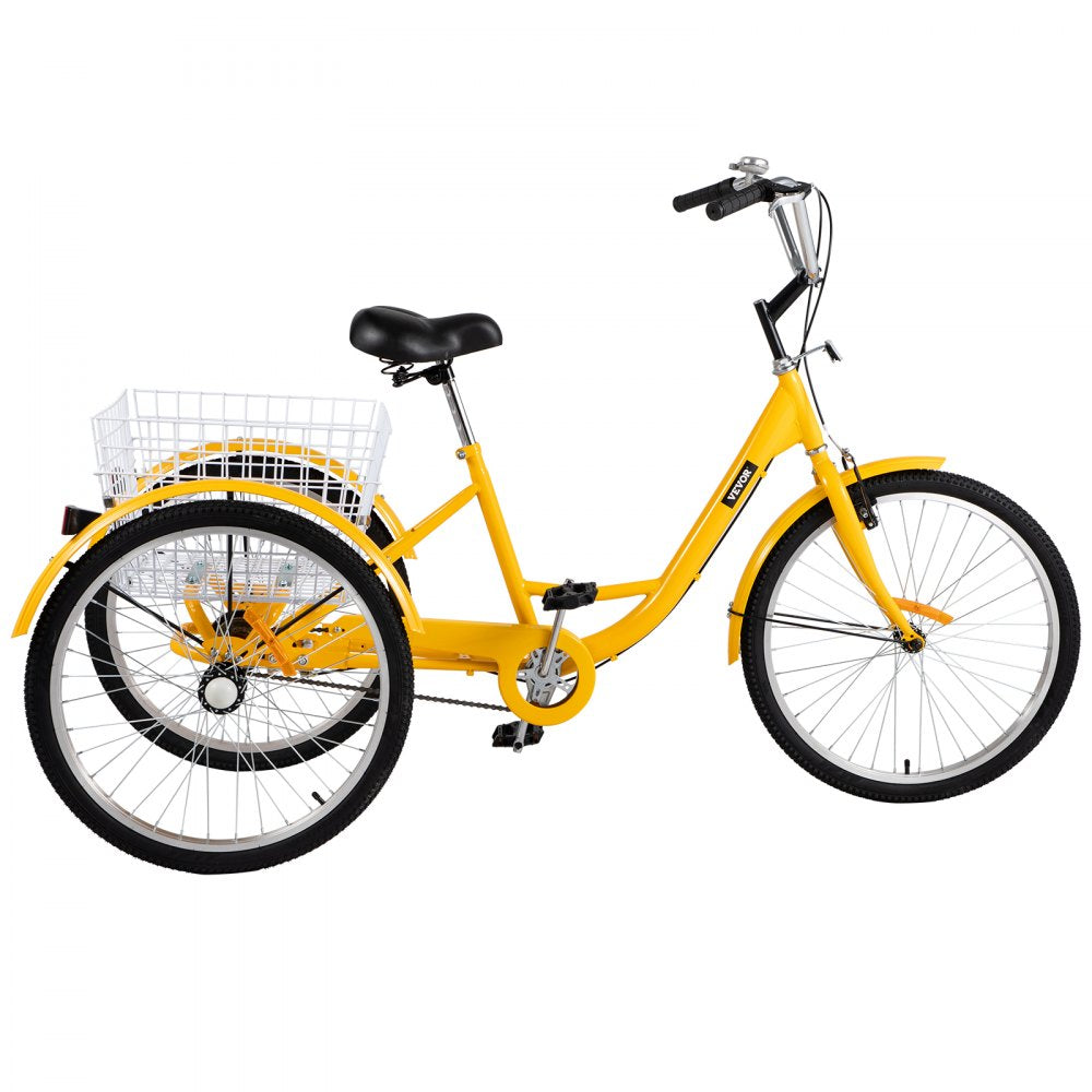 AMITOOLS Yellow Adult Tricycle 24'' 1-Speed 3 Wheel Bikes, Foldable Adult Tricycle 3 Wheel Bike Trike for Adults, Cruise Bike 24 Inch Seat Adjustable Trike with Bell, Brake System and Basket for Shopping