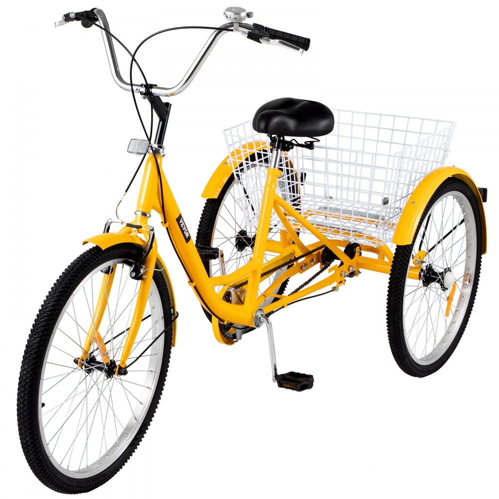 AMITOOLS Yellow Adult Tricycle 24'' 1-Speed 3 Wheel Bikes, Foldable Adult Tricycle 3 Wheel Bike Trike for Adults, Cruise Bike 24 Inch Seat Adjustable Trike with Bell, Brake System and Basket for Shopping