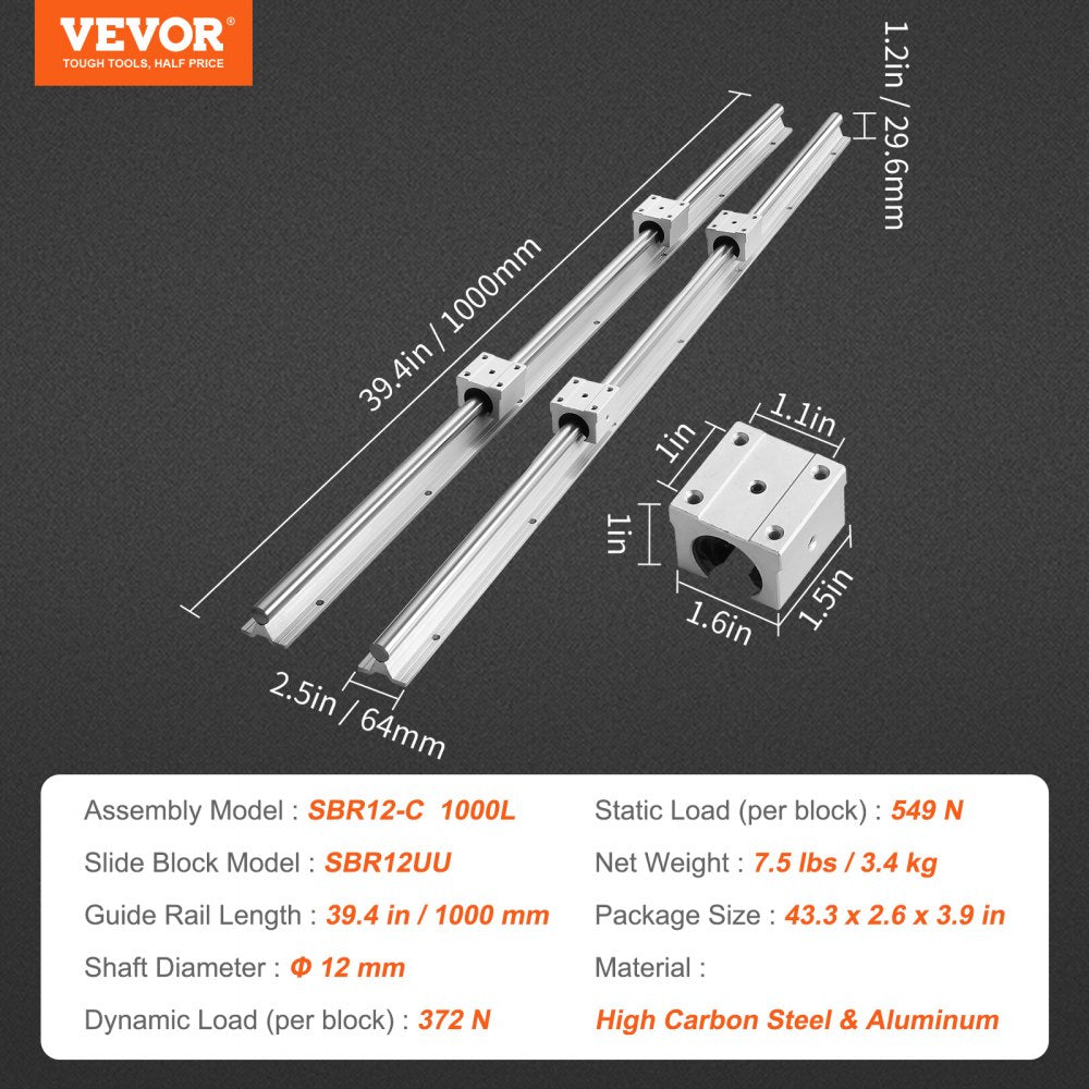 AMITOOLS Linear Guide Rail Set, SBR12 1000mm, 2 PCS 39.4 in/1000 mm SBR12 Guide Rails and 4 PCS SBR12UU Slide Blocks, Linear Rails and Bearings Kit for Automated Machines DIY Project CNC Router Machines