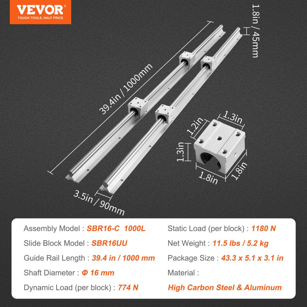 AMITOOLS Linear Guide Rail Set, SBR16 1000mm, 2 PCS 39.4 in/1000 mm SBR16 Guide Rails and 4 PCS SBR16UU Slide Blocks, Linear Rails and Bearings Kit for Automated Machines DIY Project CNC Router Machines