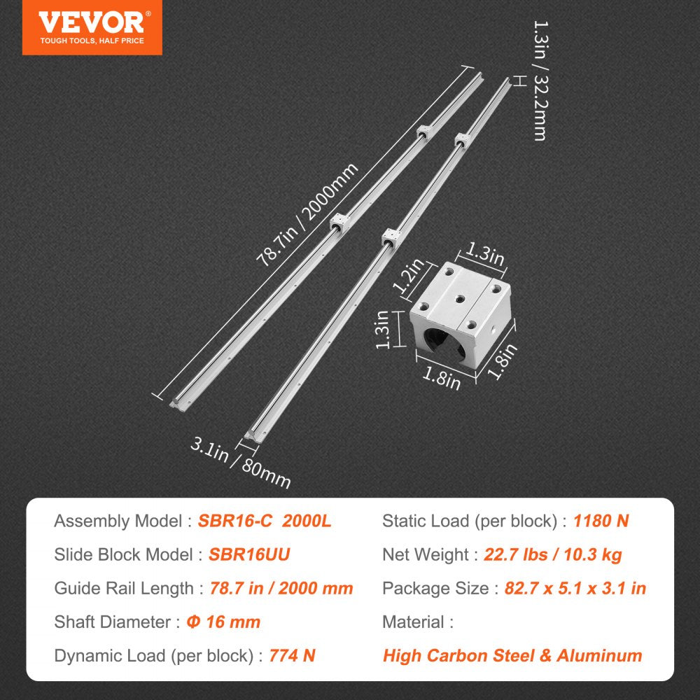 AMITOOLS Linear Guide Rail Set, SBR16 2000mm, 2 PCS 78.7 in/2000 mm SBR16 Guide Rails and 4 PCS SBR16UU Slide Blocks, Linear Rails and Bearings Kit for Automated Machines DIY Project CNC Router Machines