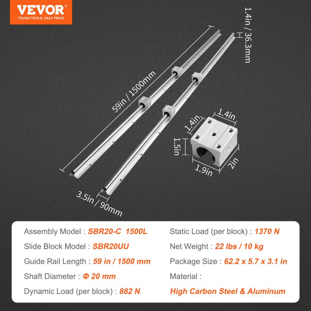 AMITOOLS Linear Guide Rail Set, SBR20 1500mm, 2 PCS 59 in/1500 mm SBR20 Guide Rails and 4 PCS SBR20UU Slide Blocks, Linear Rails and Bearings Kit for Automated Machines DIY Project CNC Router Machines