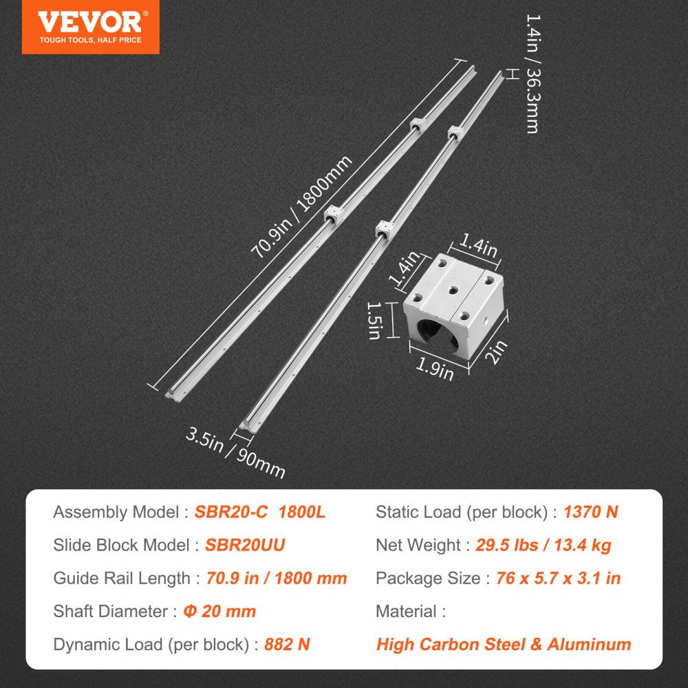 AMITOOLS Linear Guide Rail Set, SBR20 1800mm, 2 PCS 70.9 in/1800 mm SBR20 Guide Rails and 4 PCS SBR20UU Slide Blocks, Linear Rails and Bearings Kit for Automated Machines DIY Project CNC Router Machines