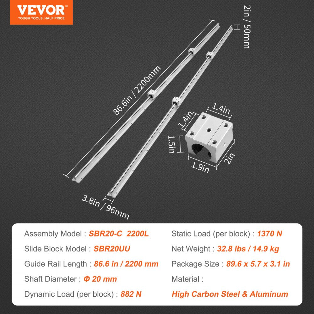 AMITOOLS Linear Guide Rail Set, SBR20 2200mm, 2 PCS 86.6 in/2200 mm SBR20 Guide Rails and 4 PCS SBR20UU Slide Blocks, Linear Rails and Bearings Kit for Automated Machines DIY Project CNC Router Machines