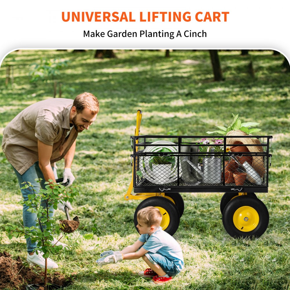 AMITOOLS Steel Garden Cart, Heavy Duty 1400 lbs Capacity, with Removable Mesh Sides to Convert into Flatbed, Utility Metal Wagon with 2-in-1 Handle and 15 in Tires, Perfect for Garden, Farm, Yard