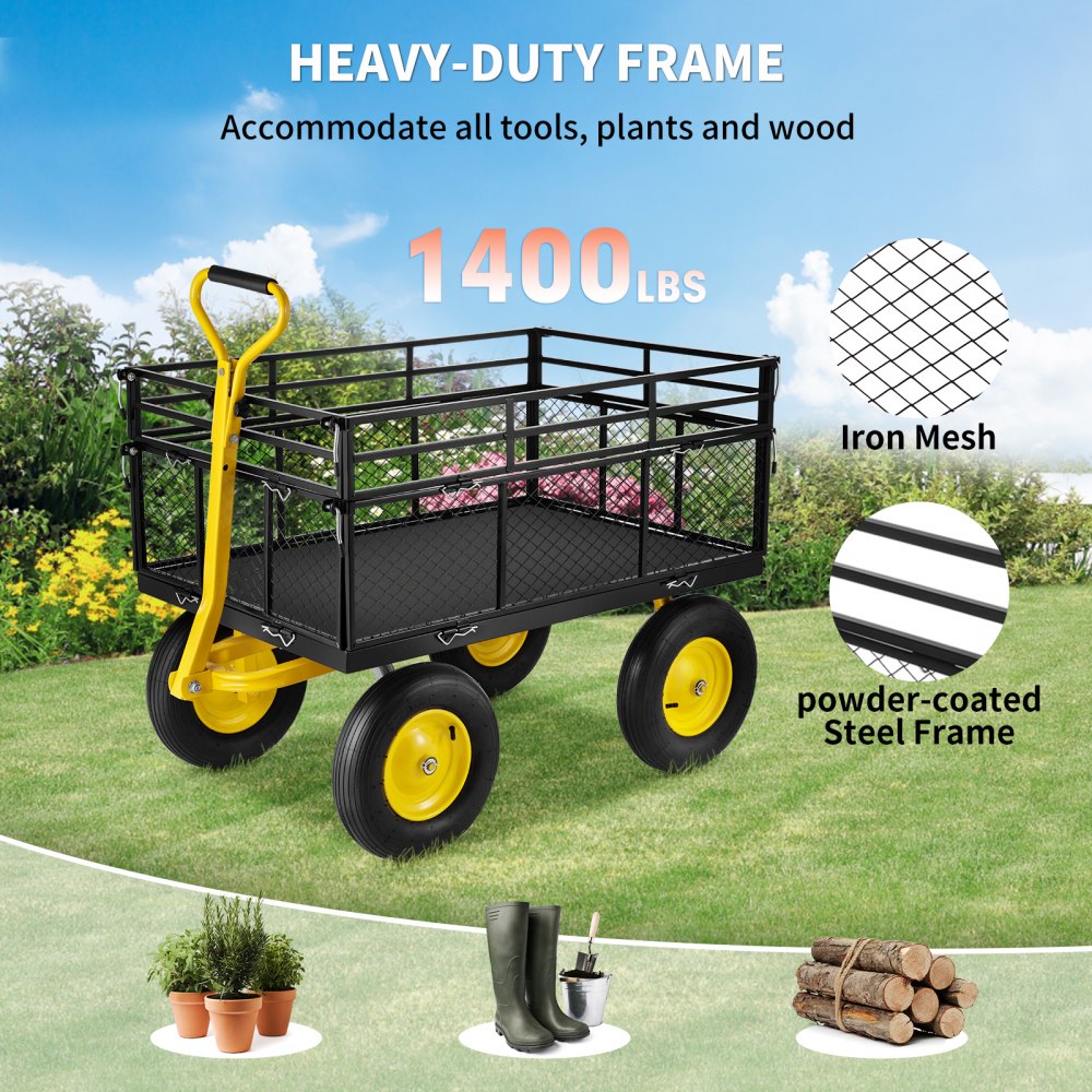 AMITOOLS Steel Garden Cart, Heavy Duty 1400 lbs Capacity, with Removable Mesh Sides to Convert into Flatbed, Utility Metal Wagon with 2-in-1 Handle and 15 in Tires, Perfect for Garden, Farm, Yard