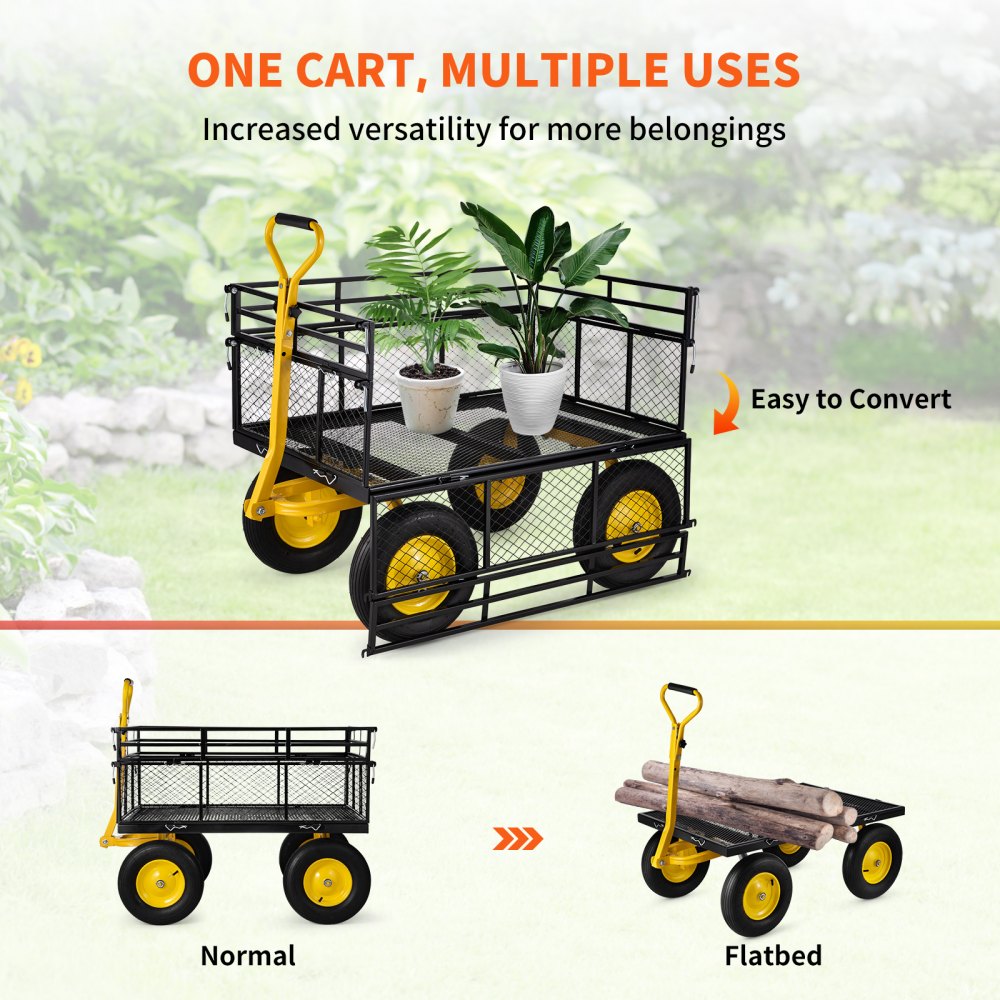 AMITOOLS Steel Garden Cart, Heavy Duty 1400 lbs Capacity, with Removable Mesh Sides to Convert into Flatbed, Utility Metal Wagon with 2-in-1 Handle and 15 in Tires, Perfect for Garden, Farm, Yard