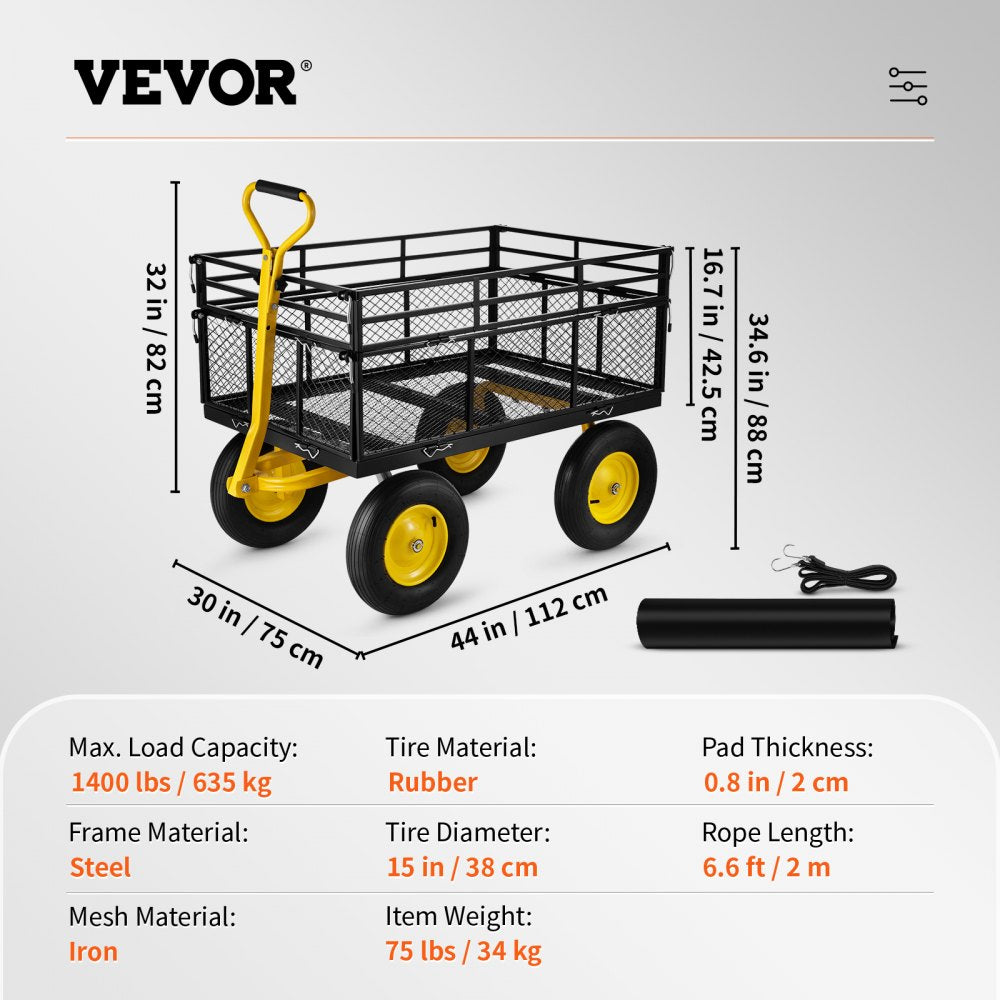 AMITOOLS Steel Garden Cart, Heavy Duty 1400 lbs Capacity, with Removable Mesh Sides to Convert into Flatbed, Utility Metal Wagon with 2-in-1 Handle and 15 in Tires, Perfect for Garden, Farm, Yard