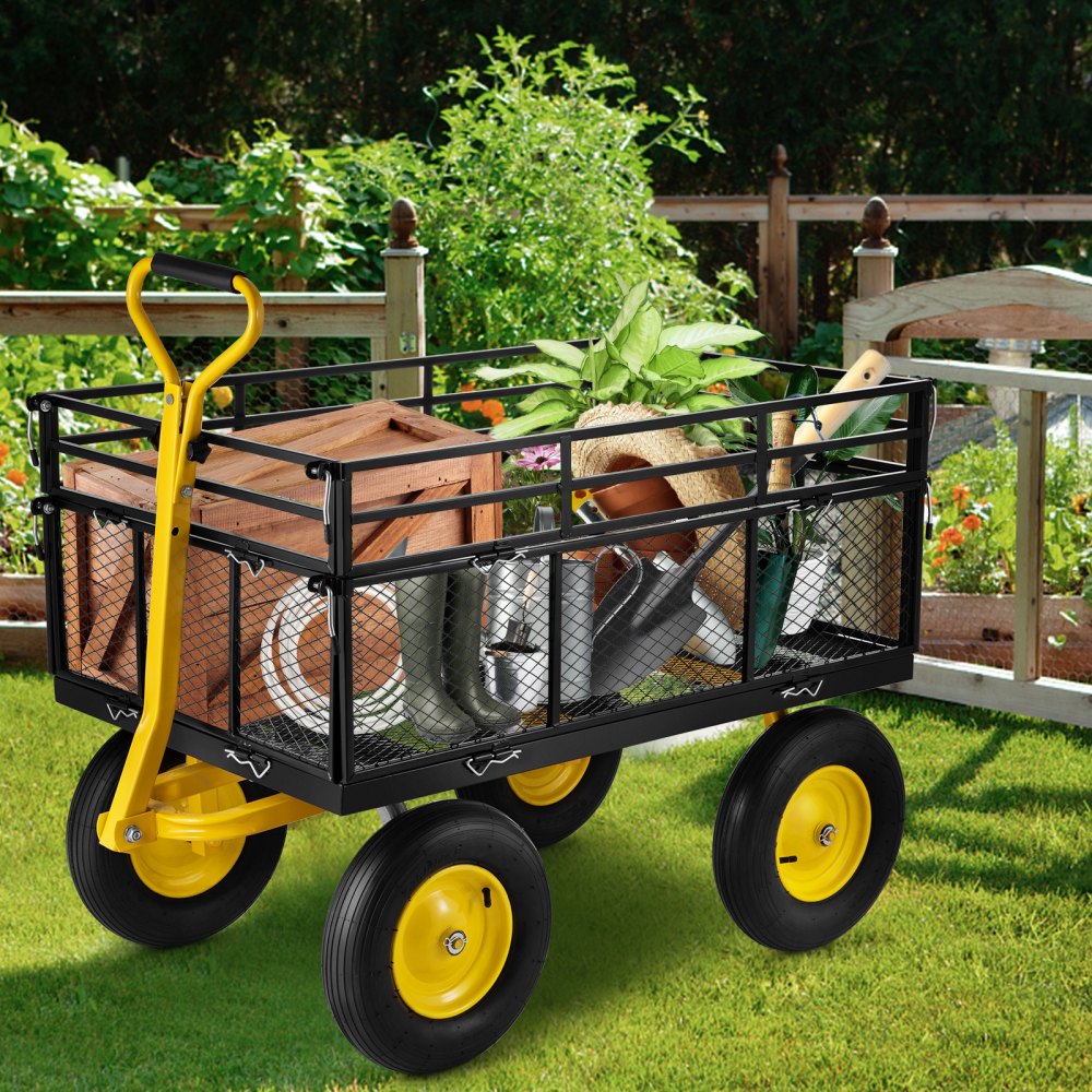 AMITOOLS Steel Garden Cart, Heavy Duty 1400 lbs Capacity, with Removable Mesh Sides to Convert into Flatbed, Utility Metal Wagon with 2-in-1 Handle and 15 in Tires, Perfect for Garden, Farm, Yard