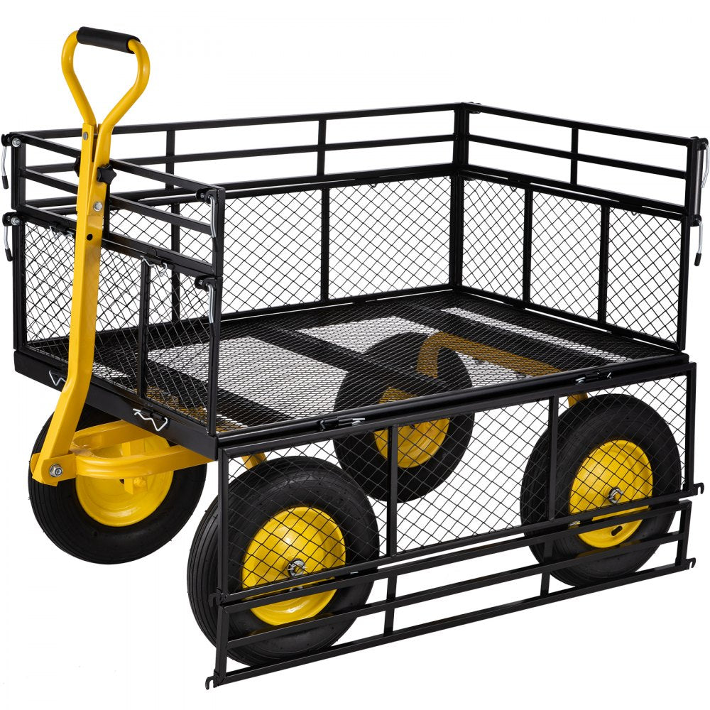 AMITOOLS Steel Garden Cart, Heavy Duty 1400 lbs Capacity, with Removable Mesh Sides to Convert into Flatbed, Utility Metal Wagon with 2-in-1 Handle and 15 in Tires, Perfect for Garden, Farm, Yard