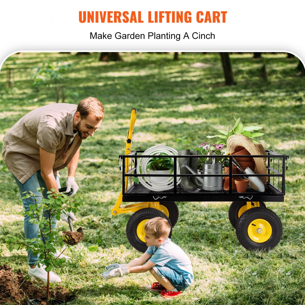 AMITOOLS Steel Garden Cart, Heavy Duty 1200 lbs Capacity, with Removable Mesh Sides to Convert into Flatbed, Utility Metal Wagon with 2-in-1 Handle and 13 in Tires, Perfect for Garden, Farm, Yard