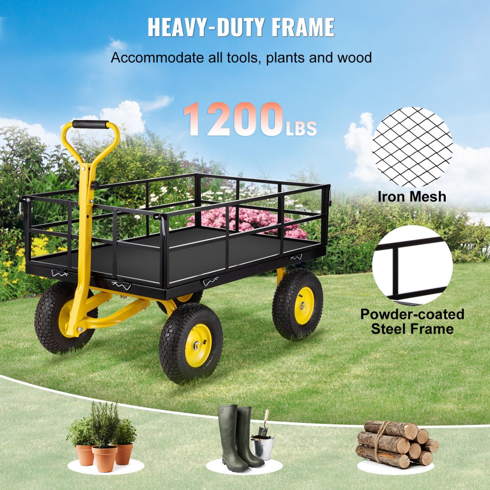 AMITOOLS Steel Garden Cart, Heavy Duty 1200 lbs Capacity, with Removable Mesh Sides to Convert into Flatbed, Utility Metal Wagon with 2-in-1 Handle and 13 in Tires, Perfect for Garden, Farm, Yard