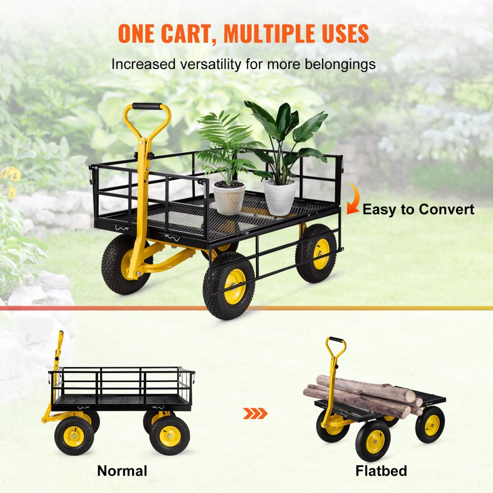 AMITOOLS Steel Garden Cart, Heavy Duty 1200 lbs Capacity, with Removable Mesh Sides to Convert into Flatbed, Utility Metal Wagon with 2-in-1 Handle and 13 in Tires, Perfect for Garden, Farm, Yard