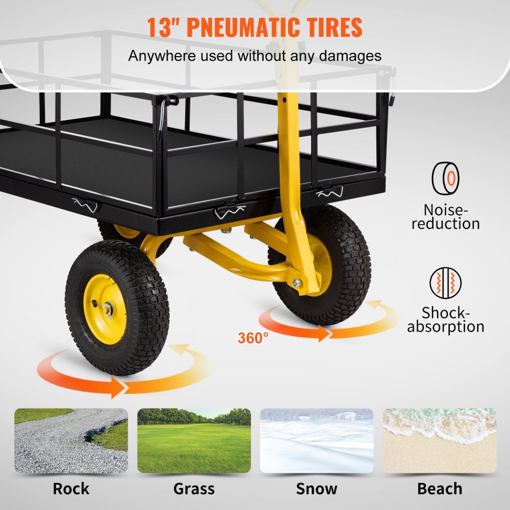 AMITOOLS Steel Garden Cart, Heavy Duty 1200 lbs Capacity, with Removable Mesh Sides to Convert into Flatbed, Utility Metal Wagon with 2-in-1 Handle and 13 in Tires, Perfect for Garden, Farm, Yard