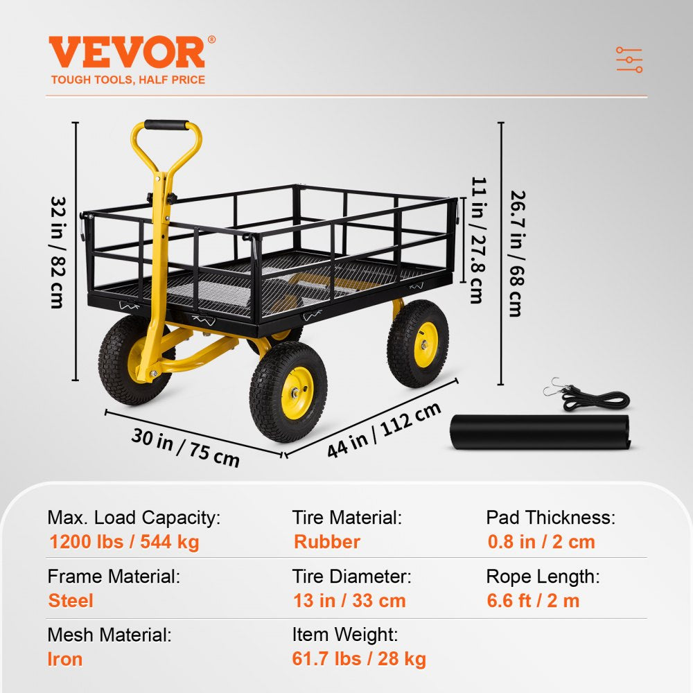 AMITOOLS Steel Garden Cart, Heavy Duty 1200 lbs Capacity, with Removable Mesh Sides to Convert into Flatbed, Utility Metal Wagon with 2-in-1 Handle and 13 in Tires, Perfect for Garden, Farm, Yard