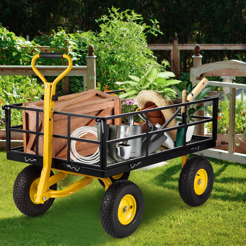 AMITOOLS Steel Garden Cart, Heavy Duty 1200 lbs Capacity, with Removable Mesh Sides to Convert into Flatbed, Utility Metal Wagon with 2-in-1 Handle and 13 in Tires, Perfect for Garden, Farm, Yard