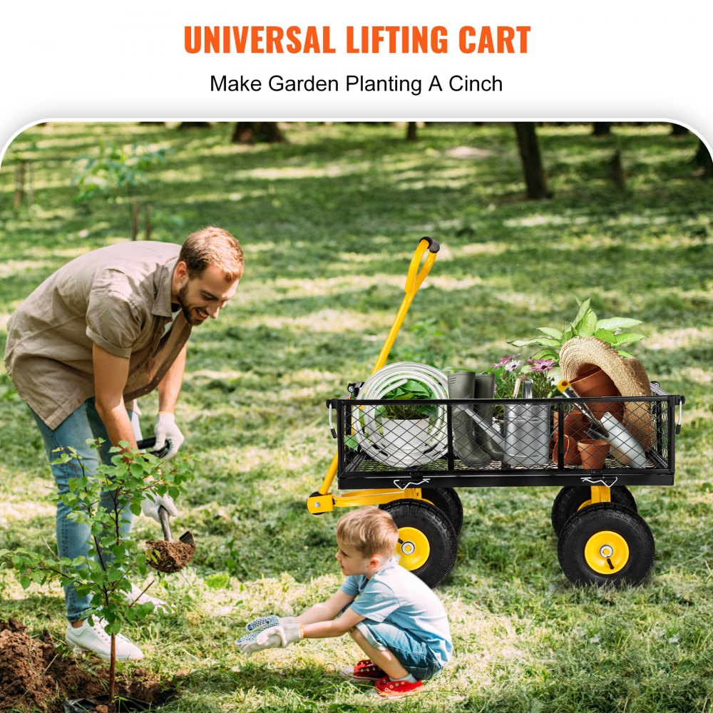 AMITOOLS Steel Garden Cart, Heavy Duty 500 lbs Capacity, with Removable Mesh Sides to Convert into Flatbed, Utility Metal Wagon with 180° Rotating Handle and 10 in Tires, Perfect for Garden, Farm, Yard