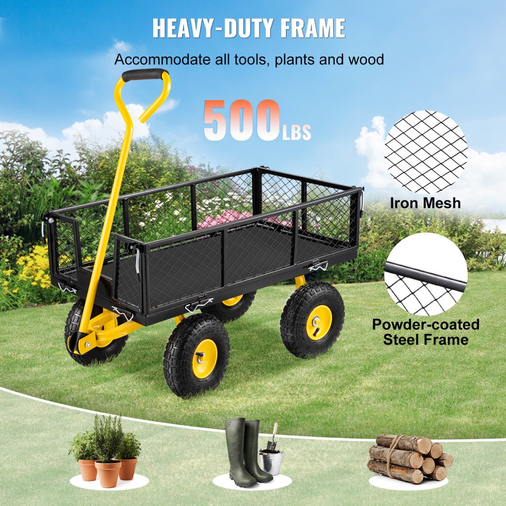 AMITOOLS Steel Garden Cart, Heavy Duty 500 lbs Capacity, with Removable Mesh Sides to Convert into Flatbed, Utility Metal Wagon with 180° Rotating Handle and 10 in Tires, Perfect for Garden, Farm, Yard