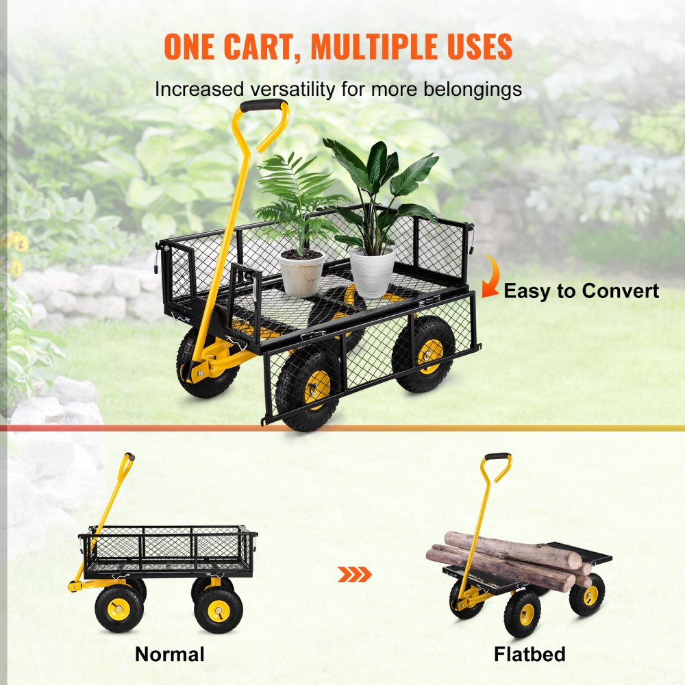 AMITOOLS Steel Garden Cart, Heavy Duty 500 lbs Capacity, with Removable Mesh Sides to Convert into Flatbed, Utility Metal Wagon with 180° Rotating Handle and 10 in Tires, Perfect for Garden, Farm, Yard