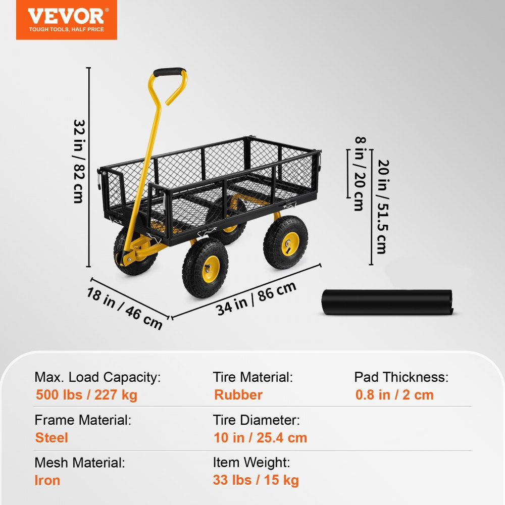 AMITOOLS Steel Garden Cart, Heavy Duty 500 lbs Capacity, with Removable Mesh Sides to Convert into Flatbed, Utility Metal Wagon with 180° Rotating Handle and 10 in Tires, Perfect for Garden, Farm, Yard