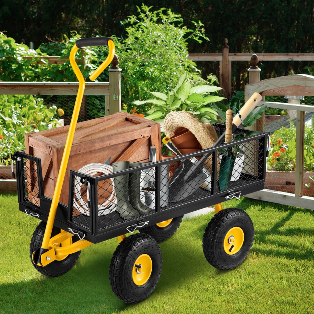 AMITOOLS Steel Garden Cart, Heavy Duty 500 lbs Capacity, with Removable Mesh Sides to Convert into Flatbed, Utility Metal Wagon with 180° Rotating Handle and 10 in Tires, Perfect for Garden, Farm, Yard