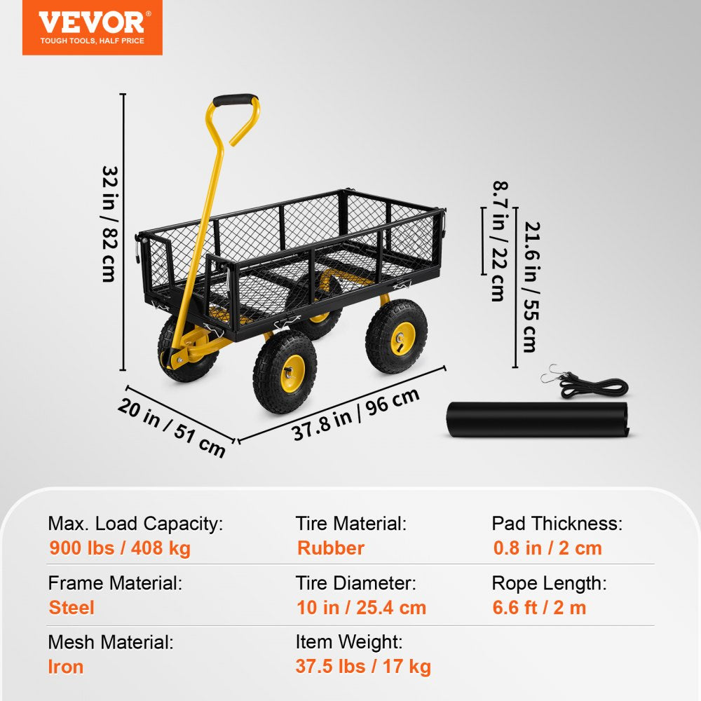 AMITOOLS Steel Garden Cart, Heavy Duty 900 lbs Capacity, with Removable Mesh Sides to Convert into Flatbed, Utility Metal Wagon with 180° Rotating Handle and 10 in Tires, Perfect for Garden, Farm, Yard