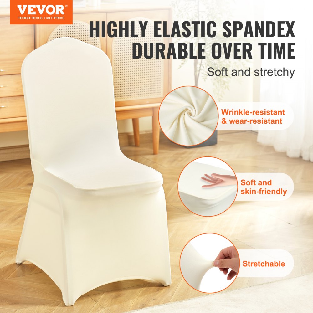 AMITOOLS Stretch Spandex Folding Chair Covers, Universal Fitted Chair Cover, Removable Washable Protective Slipcovers, for Wedding, Holiday, Banquet, Party, Celebration, Dining (100PCS Ivory White)