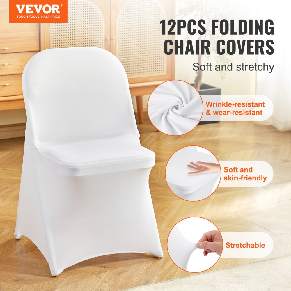 AMITOOLS White Stretch Spandex Chair Covers - 12 PCS, Folding Kitchen Chairs Cover, Universal Washable Slipcovers Protector, Removable Chair Seat Covers, for Wedding Party Dining Room Banquet Event