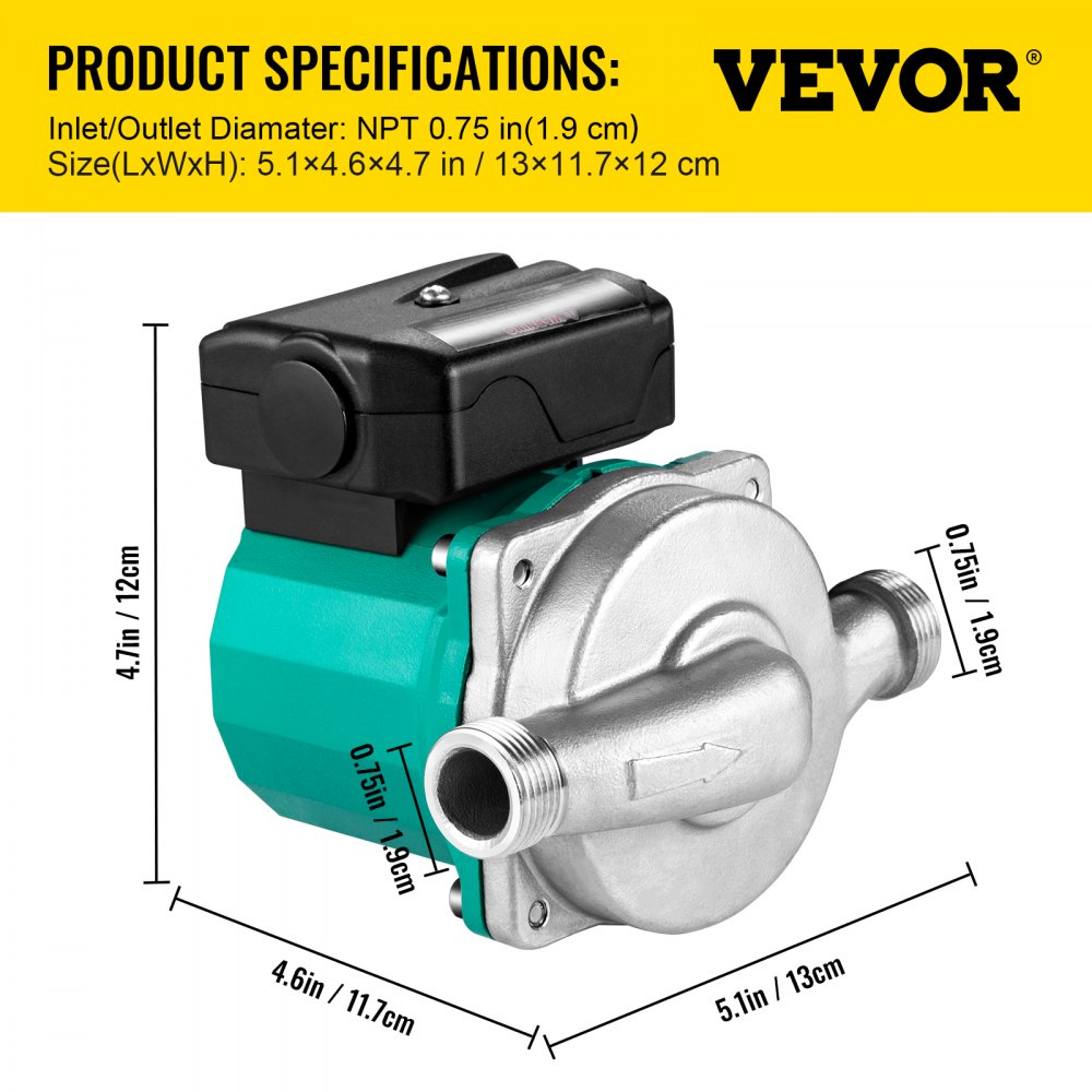 AMITOOLS Hot Water Recirculating Pump, 93W 110V Water Circulator Pump, Automatic Start Circulating Pump NPT 3/4