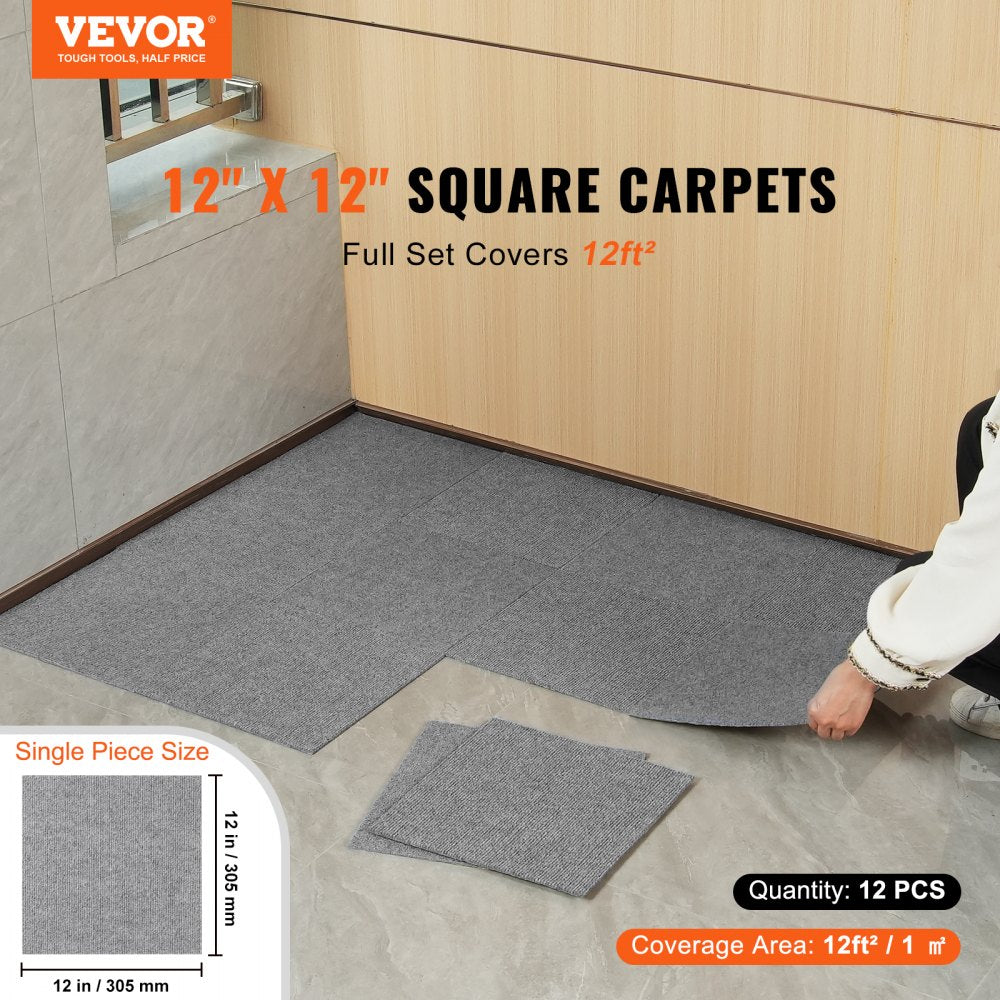 AMITOOLS Carpet Tiles Peel and Stick, 12” x 12” Squares Self Adhesive Carpet Floor Tile, Soft Padded Carpet Tiles, Easy Install DIY for Bedroom Living Room Indoor Outdoor (12 Tiles, Light Gray)