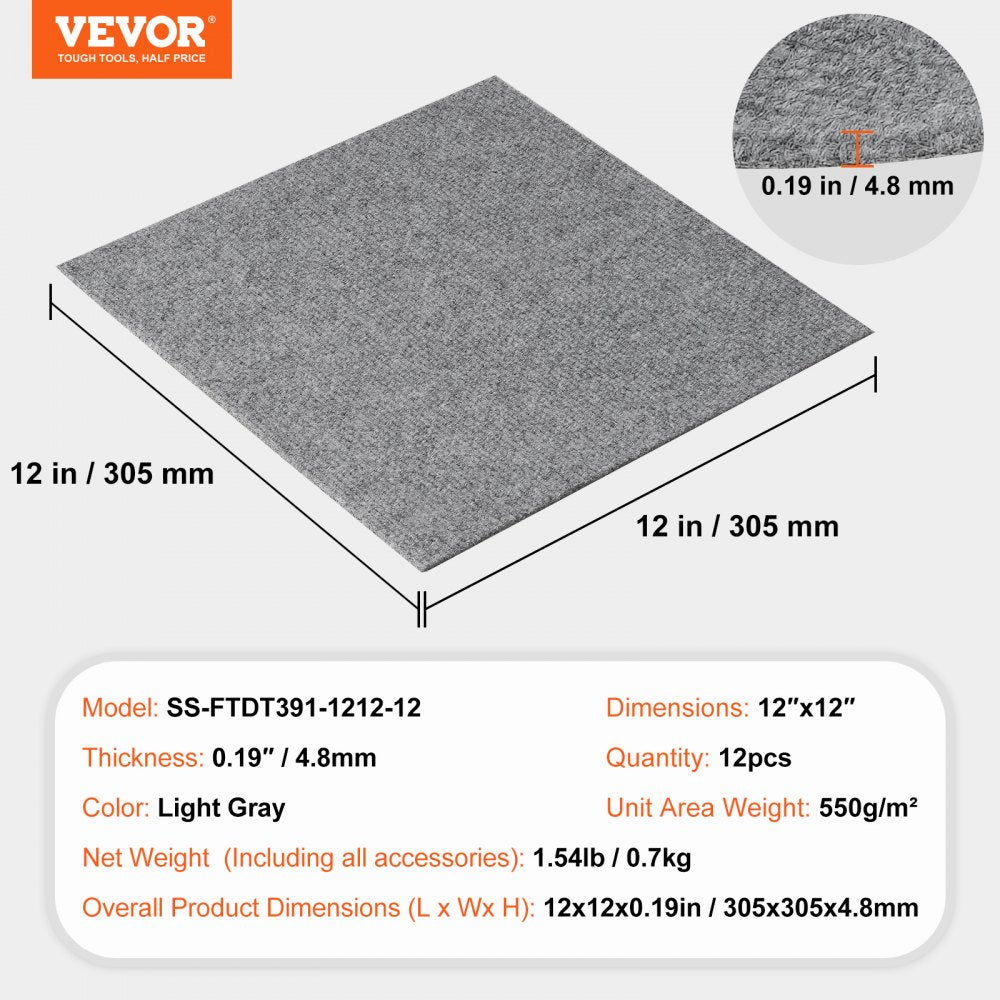 AMITOOLS Carpet Tiles Peel and Stick, 12” x 12” Squares Self Adhesive Carpet Floor Tile, Soft Padded Carpet Tiles, Easy Install DIY for Bedroom Living Room Indoor Outdoor (12 Tiles, Light Gray)